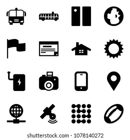 Solid vector icon set - airport bus vector, pause, globe, flag, schedule, home, sun, power bank, camera, mobile phone, navigation pin, satellite, circuit, football