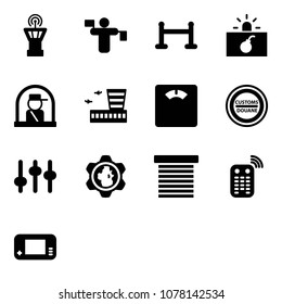 Solid vector icon set - airport tower vector, traffic controller, vip zone, terrorism, officer window, building, floor scales, customs road sign, settings, gear globe, jalousie, remote control