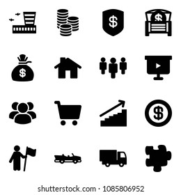 Solid vector icon set - airport building vector, coin, safe, money chest, bag, home, group, presentation board, cart, growth, dollar, win, cabrio, truck toy, puzzle