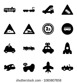 Solid vector icon set - airport bus vector, baggage truck, trap, multi lane traffic road sign, climb, embankment, limited height, electric car, cabrio, toy, rocket, plane, baby