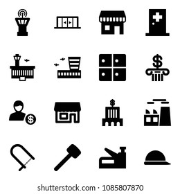 Solid vector icon set - airport tower vector, automatic doors, duty free, first aid room, building, baggage, bank, account, store, plant, fretsaw, rubber hammer, stapler, construction helmet