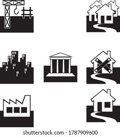 Solid vector icon set - airport tower vector, hospital building, bank, account, home, doors, hotel, sea, lighthouse