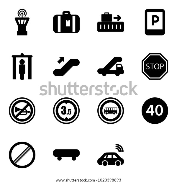 Solid vector icon set - airport tower vector,\
suitcase, baggage, parking sign, metal detector gate, escalator up,\
trap truck, stop road, no horn, limited height, bus, minimal speed\
limit, skateboard