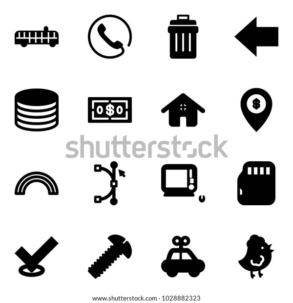 Solid\
vector icon set - airport bus vector, phone, trash bin, left arrow,\
coin, dollar, home, atm map pin, rainbow, bezier, monoblock pc,\
micro flash card, check, screw, car toy,\
chicken