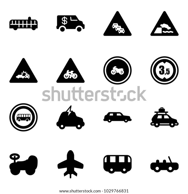 Solid\
vector icon set - airport bus vector, encashment car, multi lane\
traffic road sign, embankment, crash, for moto, no, limited height,\
electric, limousine, baggage, baby, toy\
plane