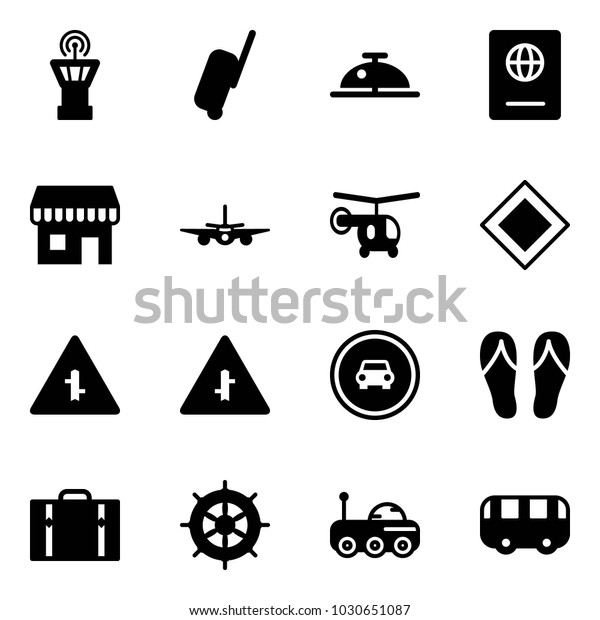 Solid vector icon set - airport tower vector,
suitcase, client bell, passport, duty free, plane, helicopter, main
road sign, intersection, no car, flip flops, hand wheel, moon
rover, toy bus