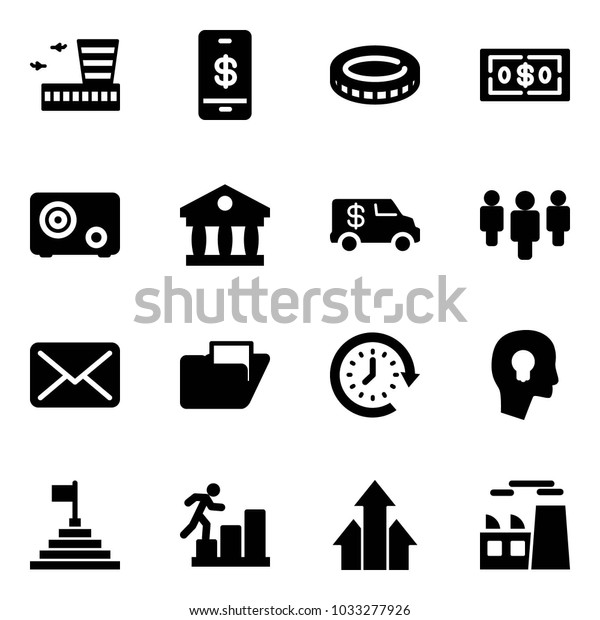 Solid vector icon set - airport building vector,\
mobile payment, coin, dollar, safe, bank, encashment car, group,\
mail, folder, clock around, head bulb, pyramid flag, career, arrows\
up, plant