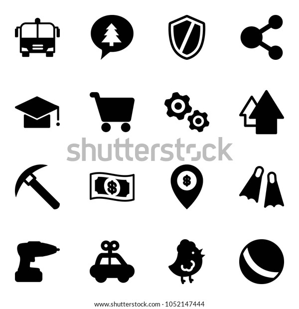Solid vector icon set - airport bus vector, merry\
christmas message, shield, share, graduate hat, cart, gears, arrow\
up, rock axe, money, atm map pin, flippers, drill, car toy,\
chicken, ball