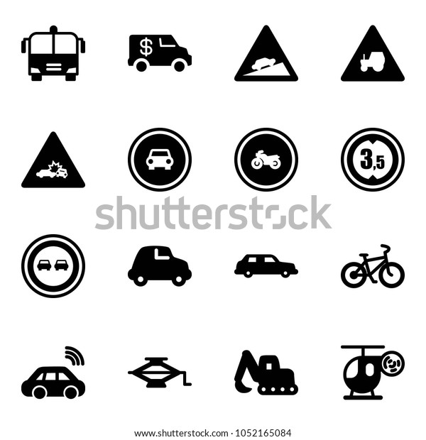 Solid vector icon set - airport bus vector,\
encashment car, climb road sign, tractor way, crash, no, moto,\
limited height, overtake, limousine, bike, wireless, jack,\
excavator toy,\
helicopter
