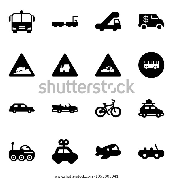 Solid vector icon\
set - airport bus vector, baggage truck, trap, encashment car,\
climb road sign, tractor way, crash, limousine, cabrio, bike, moon\
rover, toy, plane