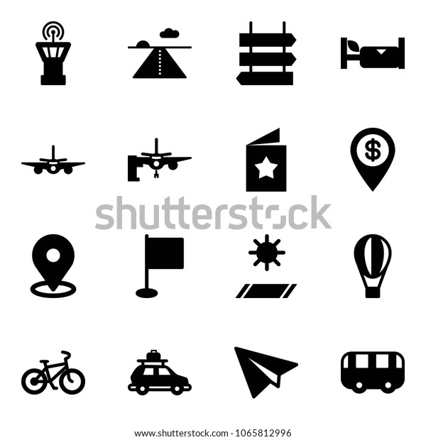 Solid\
vector icon set - airport tower vector, runway, sign post, hotel,\
plane, boarding passengers, star postcard, dollar pin, map, flag,\
mat, air balloon, bike, car baggage, paper, toy\
bus