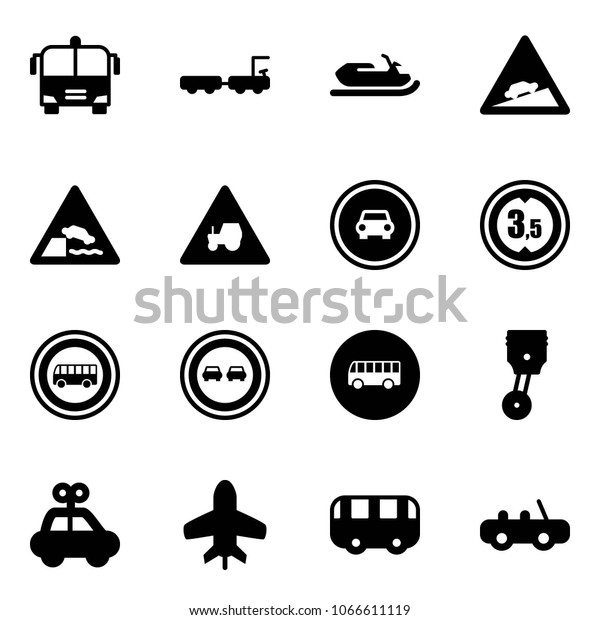 Solid vector icon set -\
airport bus vector, baggage truck, snowmobile, climb road sign,\
embankment, tractor way, no car, limited height, overtake, piston,\
toy, plane