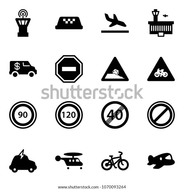 Solid vector icon set - airport tower vector, taxi,\
arrival, building, encashment car, no way road sign, steep\
roadside, for moto, speed limit 90, 120, end, parking, electric,\
helicopter, bike