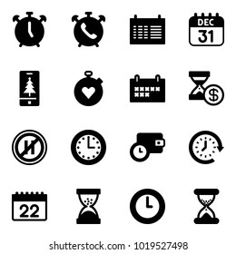 Solid vector icon set - alarm clock vector, phone, schedule, 31 dec calendar, christmas mobile, stopwatch heart, account history, no parking even road sign, time, wallet, around, sand