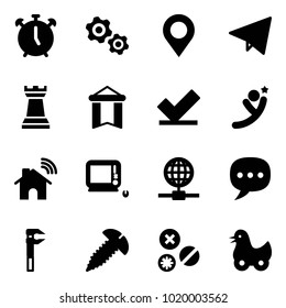 Solid vector icon set - alarm clock vector, gears, map pin, paper fly, chess tower, pennant, check, flying man, wireless home, monoblock pc, globe, chat, screw, rivet, toy duck