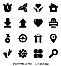 Solid vector icon set - alarm clock vector, three leafs, heart care, home, download, uplooad, printer, star medal, target, pennant, atm map pin, feet, flower, atom core, beanbag