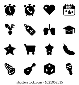 Solid vector icon set - alarm clock vector, phone, heart, christmas calendar, holly, medical label, lungs, graduate hat, star, cart, medal, banana, shell, guitar, cube toy, beanbag