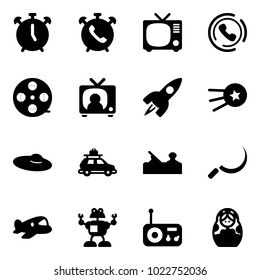 Solid vector icon set - alarm clock vector, phone, tv, horn, film coil, news, rocket, first satellite, woman hat, car baggage, jointer, sickle, plane toy, robot, radio, russian doll