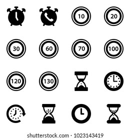 Solid vector icon set - alarm clock vector, phone, speed limit 10 road sign, 20, 30, 60, 70, 100, 120, 130, sand, time, around