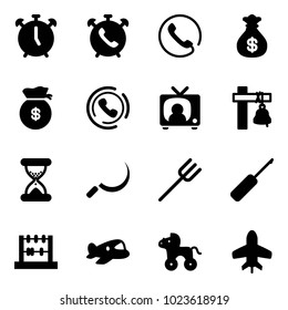 Solid vector icon set - alarm clock vector, phone, money bag, horn, tv news, ship bell, sand, sickle, farm fork, awl, abacus, plane toy, wheel horse