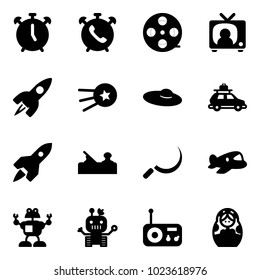 Solid vector icon set - alarm clock vector, phone, film coil, tv news, rocket, first satellite, woman hat, car baggage, jointer, sickle, plane toy, robot, radio, russian doll