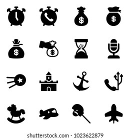 Solid vector icon set - alarm clock vector, phone, money bag, encashment, sand, microphone, first satellite, fort, anchor, rocking horse, plane toy, stick