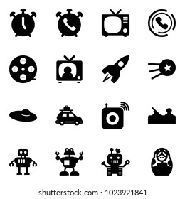 Solid vector icon set - alarm clock vector, phone, tv, horn, film coil, news, rocket, first satellite, woman hat, car baggage, wireless speaker, jointer, robot, russian doll