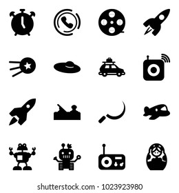 Solid vector icon set - alarm clock vector, phone horn, film coil, rocket, first satellite, woman hat, car baggage, wireless speaker, jointer, sickle, plane toy, robot, radio, russian doll