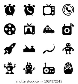 Solid vector icon set - alarm clock vector, phone, tv, horn, film coil, news, car baggage, wireless speaker, rocket, jointer, sickle, robot, radio, russian doll