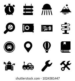 Solid vector icon set - alarm clock vector, sign post, shower, mountains, bacteria, safe, check, road signpost, no car, map pin, air balloon, book, robot, moon rover, wrench, hammer