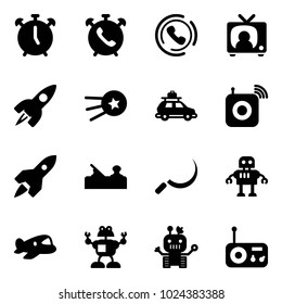Solid vector icon set - alarm clock vector, phone, horn, tv news, rocket, first satellite, car baggage, wireless speaker, jointer, sickle, robot, plane toy, radio