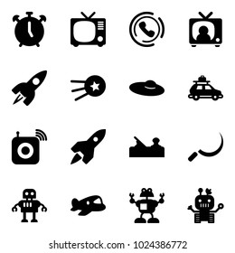 Solid vector icon set - alarm clock vector, tv, phone horn, news, rocket, first satellite, woman hat, car baggage, wireless speaker, jointer, sickle, robot, plane toy