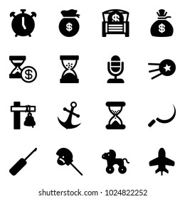 Solid vector icon set - alarm clock vector, money bag, chest, account history, sand, microphone, first satellite, ship bell, anchor, sickle, awl, horse stick toy, wheel, plane