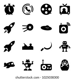 Solid vector icon set - alarm clock vector, phone horn, film coil, tv news, rocket, first satellite, woman hat, wireless speaker, jointer, sickle, robot, plane toy, radio, russian doll