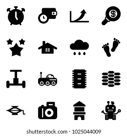 Solid vector icon set - alarm clock vector, wallet time, growth arrow, search money, stars, home, rain cloud, feet, gyroscope, moon rover, chip, carbon, jack, camera, toy block house, robot
