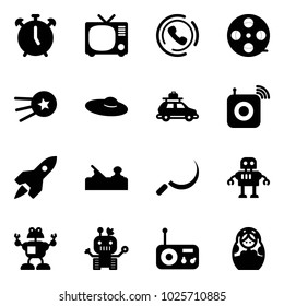 Solid vector icon set - alarm clock vector, tv, phone horn, film coil, first satellite, woman hat, car baggage, wireless speaker, rocket, jointer, sickle, robot, radio, russian doll