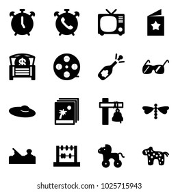 Solid vector icon set - alarm clock vector, phone, tv, star postcard, money chest, film coil, fizz opening, sunglasses, woman hat, photo, ship bell, dragonfly, jointer, abacus, wheel horse, toy