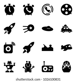 Solid vector icon set - alarm clock vector, phone, horn, film coil, rocket, first satellite, woman hat, car baggage, wireless speaker, jointer, plane toy, robot, radio, russian doll