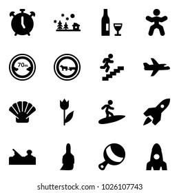 Solid vector icon set - alarm clock vector, christmas landscape, wine, gymnastics, limited distance road sign, no cart horse, career, plane, shell, tulip, surfing, rocket, jointer, brush, beanbag