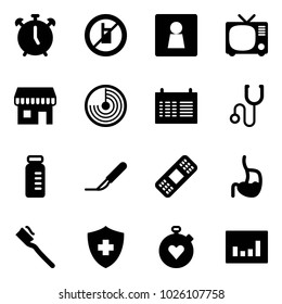 Solid vector icon set - alarm clock vector, no mobile sign, female wc, tv, duty free, radar, schedule, stethoscope, vial, scalpel, medical patch, stomach, tooth brush, stopwatch heart, statistics