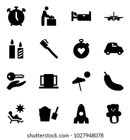 Solid vector icon set - alarm clock vector, baby room, hotel, plane, candle, tooth brush, stopwatch heart, car, key hand, doors, beach, banana, bucket scoop, rocket, bear toy
