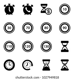 Solid vector icon set - alarm clock vector, phone, account history, speed limit 10 road sign, 30, 70, 80, 90, 110, 120, 130, sand, time, around
