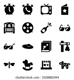 Solid vector icon set - alarm clock vector, phone, tv, star postcard, money chest, film coil, fizz opening, sunglasses, woman hat, photo, ship bell, dragonfly, rocking horse, abacus, toy