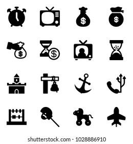 Solid vector icon set - alarm clock vector, tv, money bag, encashment, account history, news, sand, fort, ship bell, anchor, phone, abacus, horse stick toy, wheel, plane