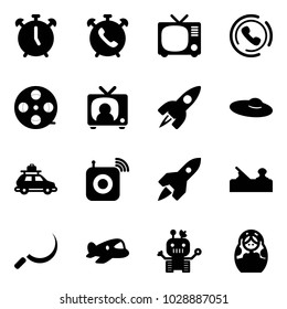 Solid vector icon set - alarm clock vector, phone, tv, horn, film coil, news, rocket, woman hat, car baggage, wireless speaker, jointer, sickle, plane toy, robot, russian doll