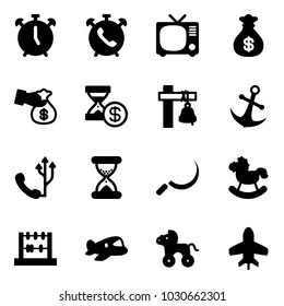 Solid vector icon set - alarm clock vector, phone, tv, money bag, encashment, account history, ship bell, anchor, sand, sickle, rocking horse, abacus, plane toy, wheel