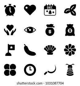 Solid vector icon set - alarm clock vector, heart, christmas calendar, three leafs, care, eye, money bag, flag, banana, shell, flower, atom core, sickle, pyramid toy