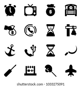 Solid vector icon set - alarm clock vector, tv, money bag, chest, encashment, phone horn, sand, ship bell, anchor, sickle, awl, abacus, horse stick toy, plane
