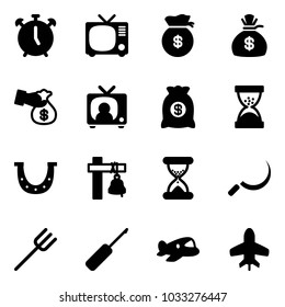 Solid vector icon set - alarm clock vector, tv, money bag, encashment, news, sand, luck, ship bell, sickle, farm fork, awl, plane toy