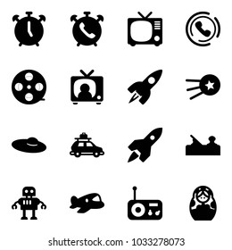 Solid vector icon set - alarm clock vector, phone, tv, horn, film coil, news, rocket, first satellite, woman hat, car baggage, jointer, robot, plane toy, radio, russian doll